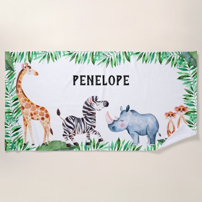 Personalized Kids Safari Animal Watercolor Cute Beach Towel (Front)