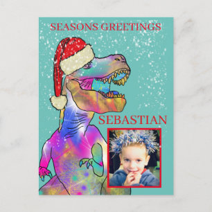 Personalized Kids Santa dinosaur photo Holiday Postcard