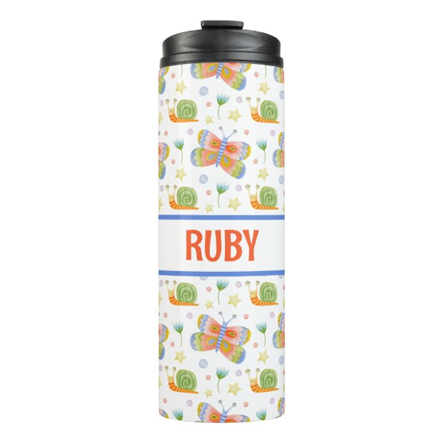 Personalized Kid's Snail and Butterfly Patterned Thermal Tumbler (Front)