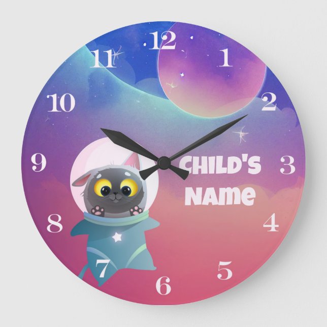 Personalized Kid's Space Cat Wall Clock (Front)