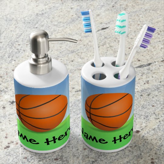 Personalized Kid's Sports Basketball Sunny Day Soap Dispenser And Toothbrush Holder