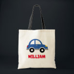 Personalized kid's tote bag with cute toy car logo<br><div class="desc">Personalized kid's tote bag with cute toy car logo. Fun Birthday or Christmas gift idea for preschool,   pre kindergarten and elementary school children. Little blue auto illustration. Handy canvas bag for school books,  sports equipment,  toys and more. Make one for son,  grandson,  nephew,  grandchild etc.</div>