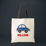 Personalized kid's tote bag with cute toy car logo<br><div class="desc">Personalized kid's tote bag with cute toy car logo. Fun Birthday or Christmas gift idea for preschool,   pre kindergarten and elementary school children. Little blue auto illustration. Handy canvas bag for school books,  sports equipment,  toys and more. Make one for son,  grandson,  nephew,  grandchild etc.</div>