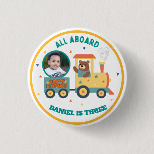Personalized Kids Train Birthday Photo  1 Inch Round Button