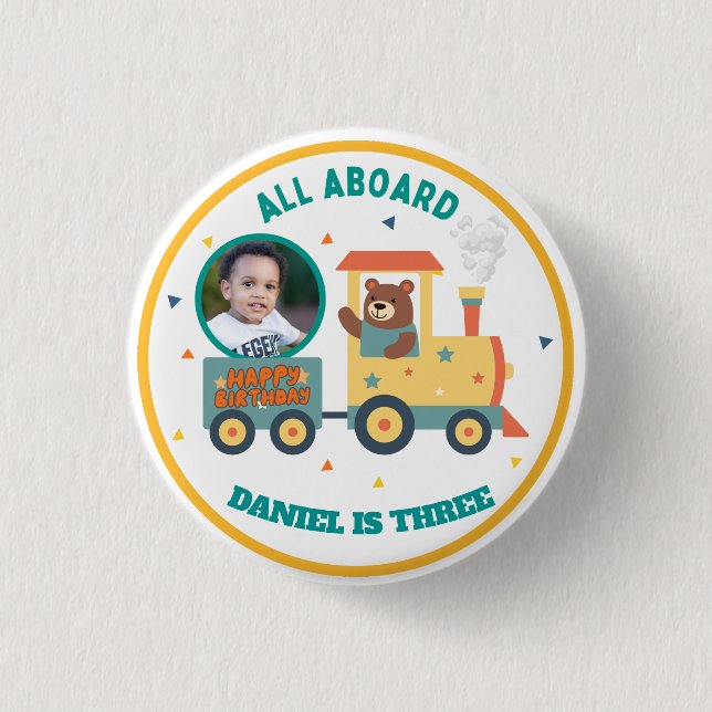 Personalized Kids Train Birthday Photo  1 Inch Round Button (Front)