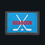 Personalized kids wallet with ice hockey sticks<br><div class="desc">Personalized kids wallet with ice hockey sticks and puck. Cute Birthday or Christmas gift idea for little boys and girls. Personalizable with name or monogram letter of your child. Make one for your son,  grandson,  nephew etc. Customizable colour.</div>