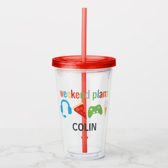 Personalized Kids Weekend Plans Video Game Food Acrylic Tumbler (Front)