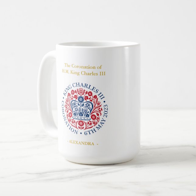 Personalized King Charles III Coronation Emblem Coffee Mug (Front Left)