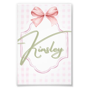 Personalized Kinsley Baby Girl Nursery Bow&Gingham Photo Print