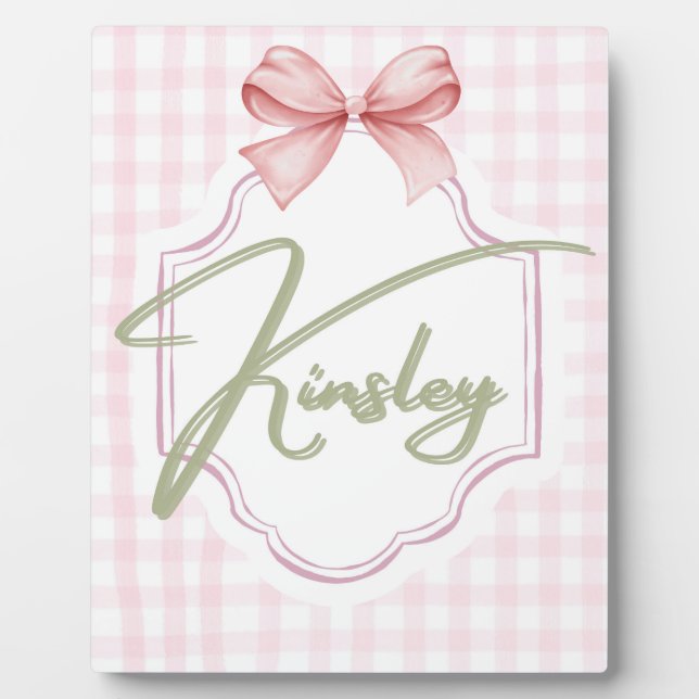 Personalized Kinsley Baby Girl Nursery Bow&Gingham Plaque (Front)