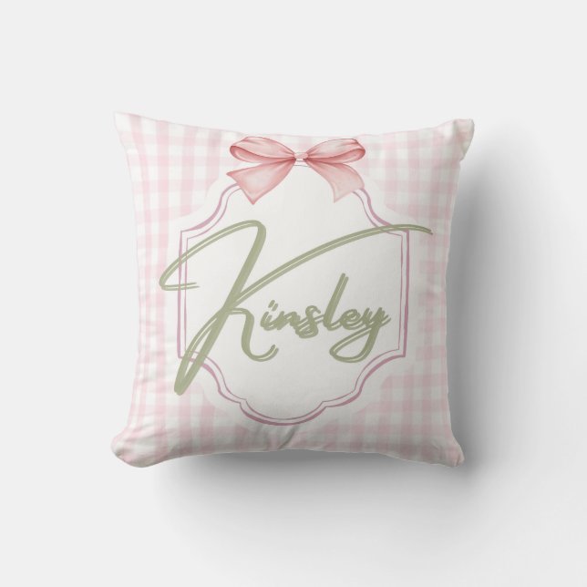 Personalized Kinsley Baby Girl Nursery Bow&Gingham Throw Pillow (Front)