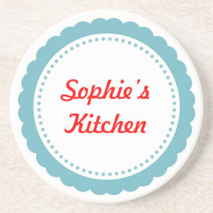 Personalized kitchen coaster pale blue scallop