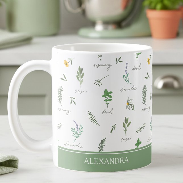 Personalized Kitchen Garden Botanical Mug (elegant personalized kitchen herb garden botanical floral sage green mug with custom name)