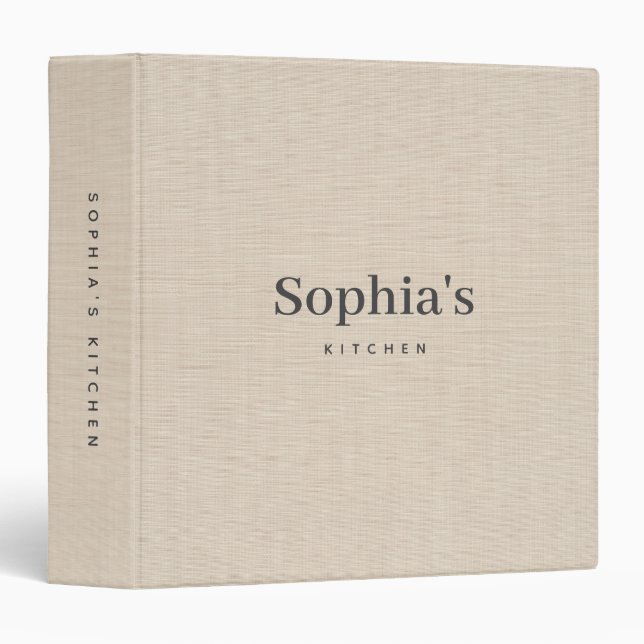 Personalized Kitchen Recipe Minimalist Beige Linen Binder (Front/Spine)