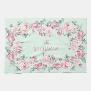 Personalized kitchen towel pink mint floral
