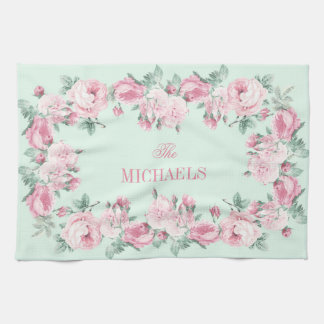 Personalized kitchen towel pink mint floral