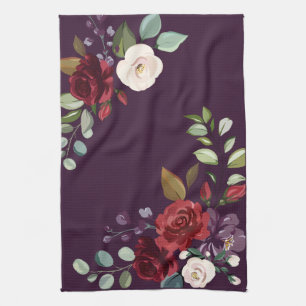 Personalized Kitchen Towel Plum Purple Roses Gold
