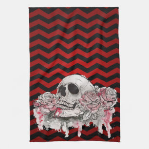 Personalized Kitchen Towel skull Rose goth Chevron