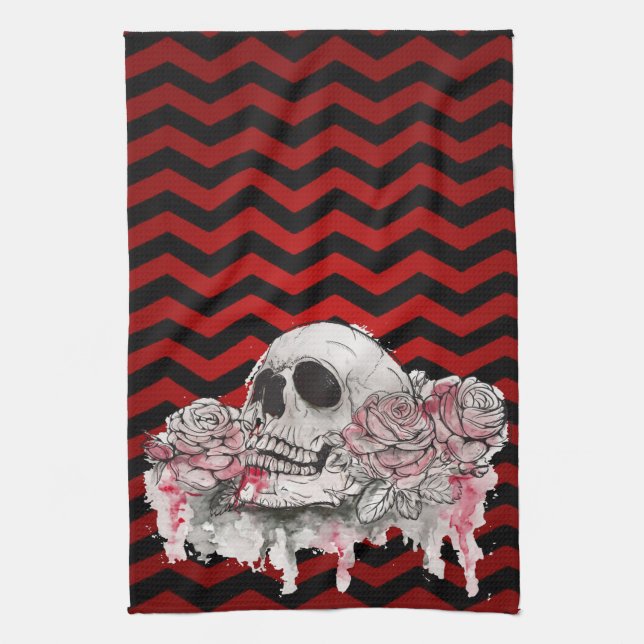 Personalized Kitchen Towel skull Rose goth Chevron (Vertical)