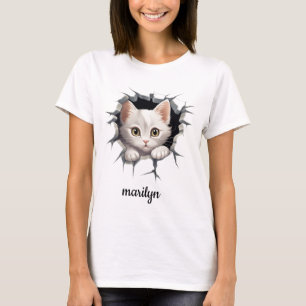 Personalized kitten peeking out of faux hole T-Shirt