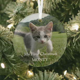 Personalized Kitten Photo Cat First Christmas Glass Ornament