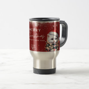 Personalized Kitten Santa Hat Christmas Lights Pet Travel Mug