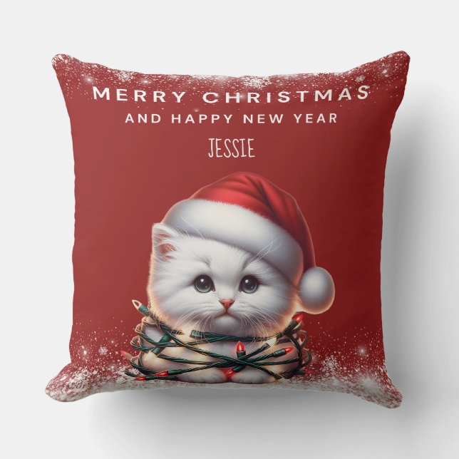 Personalized Kitten Santa Hat Christmas Throw Pillow (Front)