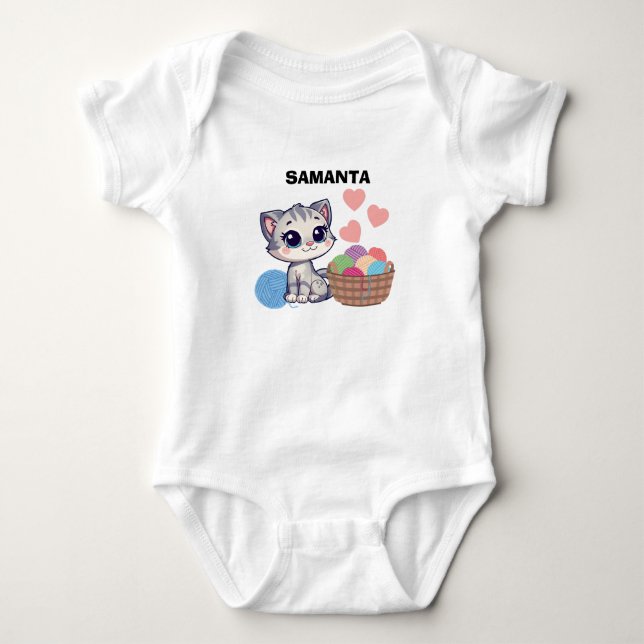  Personalized Kitten & Yarn Baby Bodysuit (Front)