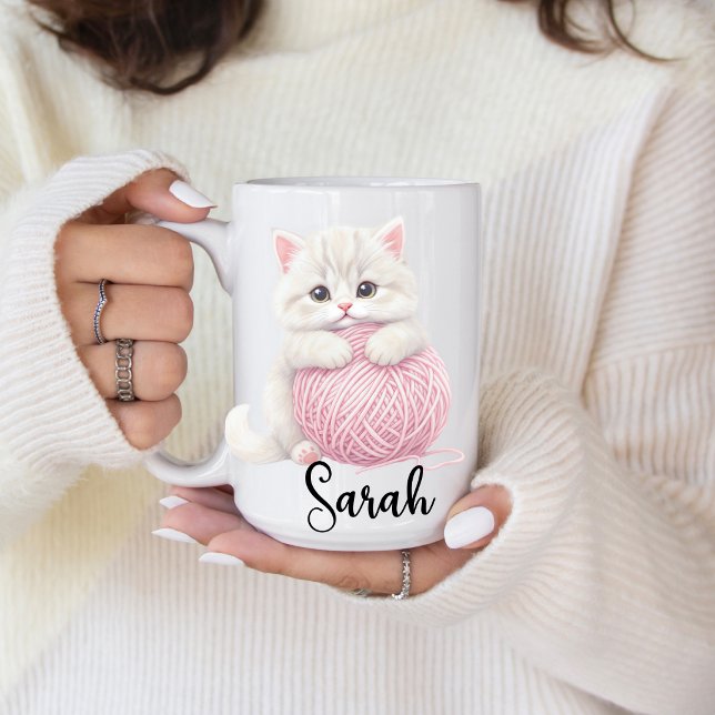 Personalized | Kitten Yarn Play Time Mug (Personalized kitten pink yarn play mug. )