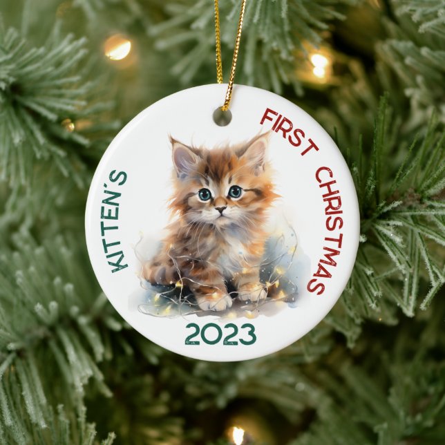 Personalized Kitten's First Christmas Design Ceramic Ornament (Tree)