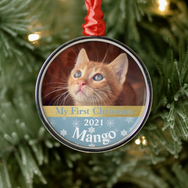 Personalized Kitten's First Christmas Photo Metal  Ornament (Tree)