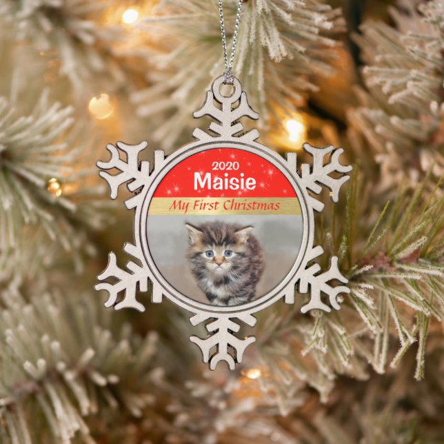 Personalized Kitten's First Christmas Photo Snowfl Snowflake Pewter Christmas Ornament (Tree)
