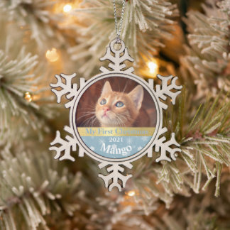 Personalized Kitten's First Christmas Photo Snowflake Pewter Christmas Ornament