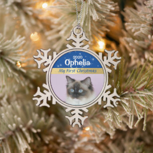 Personalized Kitten's First Christmas Photo Snowflake Pewter Christmas Ornament