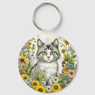 Personalized  Kitty Cat Sitting in Flowers  Keychain