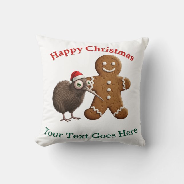 Personalized Kiwi Bird & Gingerbread Man Christmas Throw Pillow (Front)