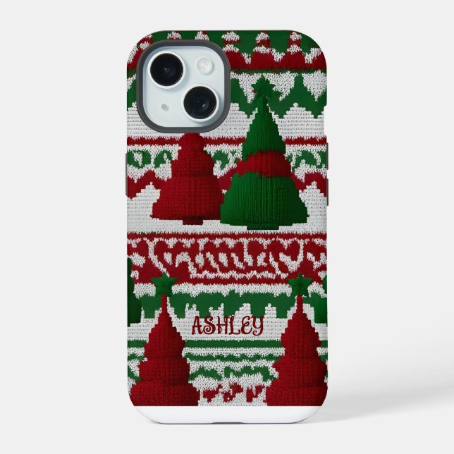 Personalized knitted Christmas tree pattern iPhone 15 Case (Back)