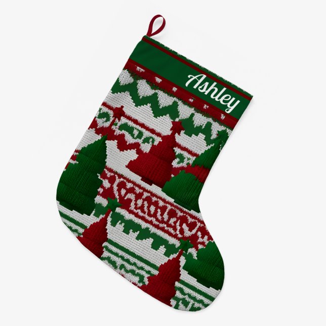 Personalized knitted Christmas tree pattern Large Christmas Stocking (Front (Hanging))
