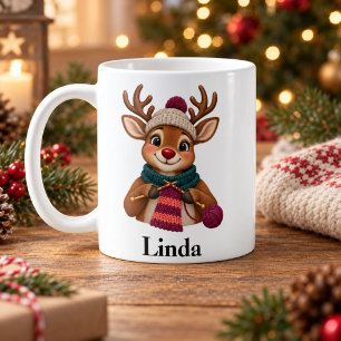 Personalized Knitter Christmas Mug Cute Reindeer