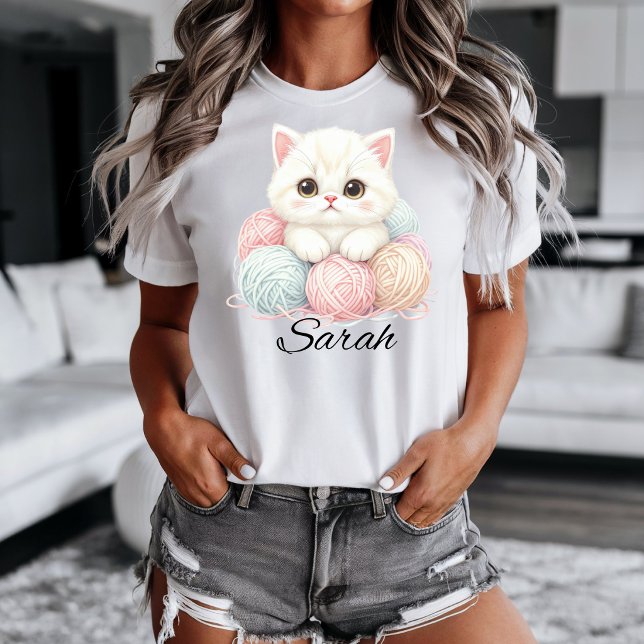 Personalized Knitting Kitten T-shirt (Cute knitting kitten design)