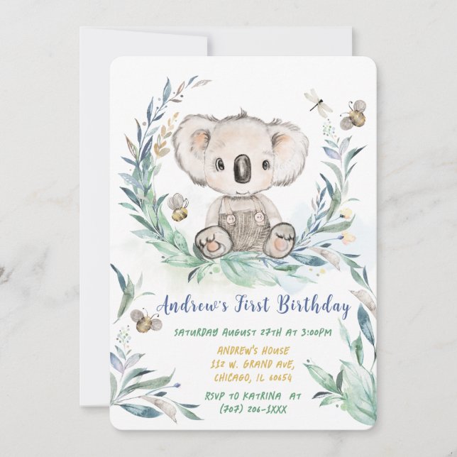 Personalized Koala Boy First Birthday Invitation (Front)