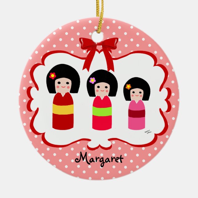 Personalized Kokeshi Sisters Polka Dot Ceramic Ornament (Front)