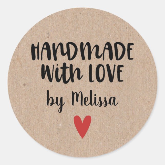 Personalized Kraft Handmade With Love Square Stick Classic Round Sticker (Front)