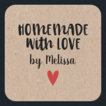 Personalized Kraft Homemade With Love Square Stick Square Sticker<br><div class="desc">A personalized 3 inch square "homemade with love" sticker on a kraft background. Make it yours by adding your own name. A pretty finishing touch for all of your handmade gifts. Designed for you by Blackberry Boulevard.</div>