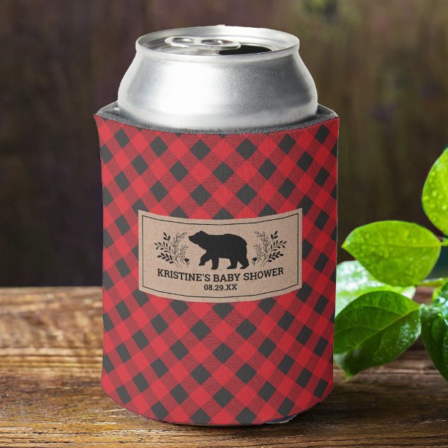 Personalized Kraft Lumberjack Buffalo Plaid Can Cooler (These can rustic outdoor style can coolers are a fun addition to your lumberjack baby boy shower.)