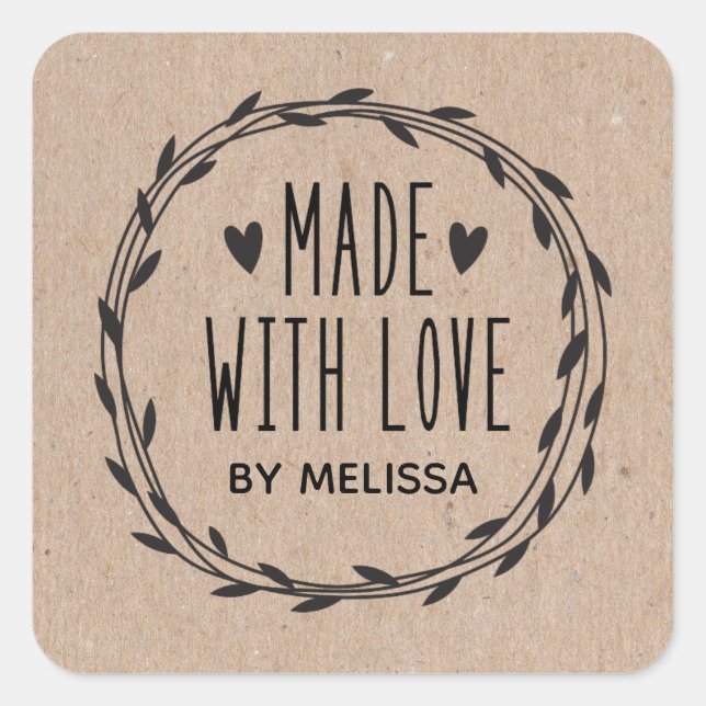 Personalized Kraft Made With Love Square Sticker (Front)