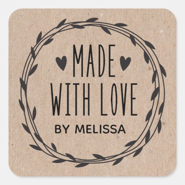 Personalized Kraft Made With Love Square Sticker (Front)