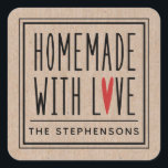 Personalized Kraft Made With Love Square Sticker<br><div class="desc">A personalized modern "made with love" sticker on a kraft background. Make it yours by adding your own name. A pretty finishing touch for all of your handmade gifts. Designed for you by Blackberry Boulevard.</div>