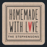 Personalized Kraft Made With Love Square Sticker<br><div class="desc">A personalized modern "made with love" sticker on a kraft background. Make it yours by adding your own name. A pretty finishing touch for all of your handmade gifts. Designed for you by Blackberry Boulevard.</div>