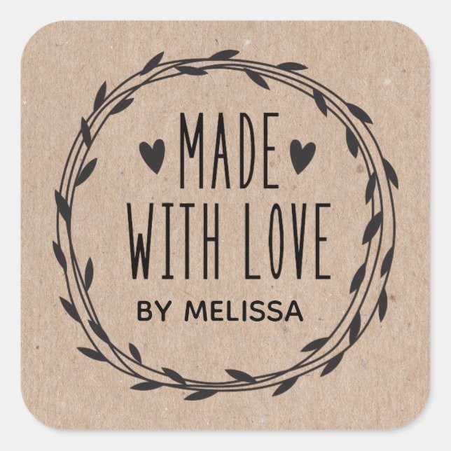 Personalized Kraft Made With Love Square Sticker (Front)